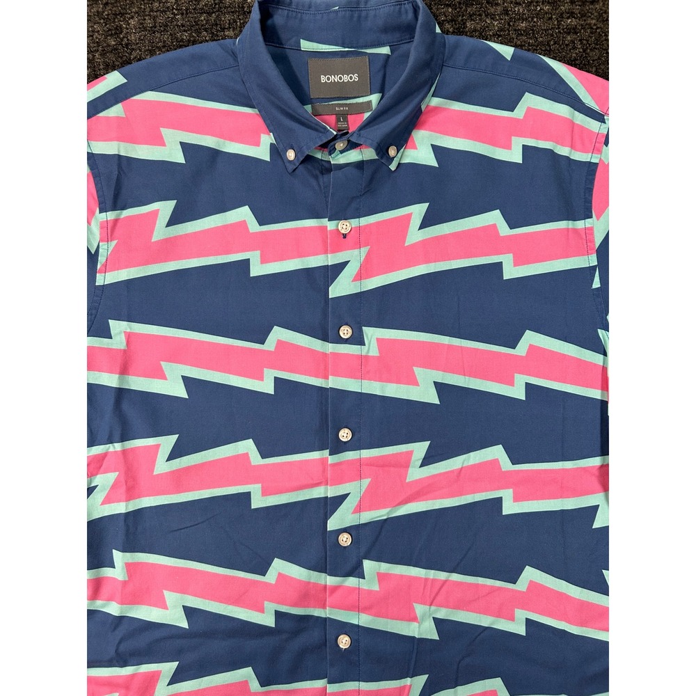 Bonobos Riviera Shirt Mens Large Slim Fit Pink Mint Lightning Bolt Short Sleeve